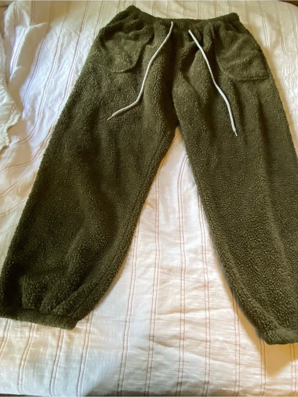Women’s Olive Green Sherpa Fleece Joggers with Drawstring Waist